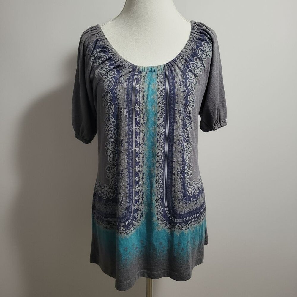 Decree Womens Fitted Scoop Neck Top Size M Gray Turquoise Long Peasant Y2K